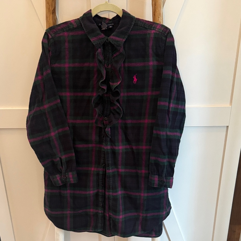 Ralph Lauren Shirt dress. Navy and Hot Pink Plaid with Ruffle detail.